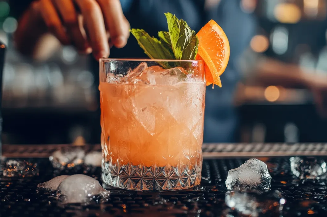 Refreshing cocktail served on the rocks with orange slice and mint garnish at a bar.