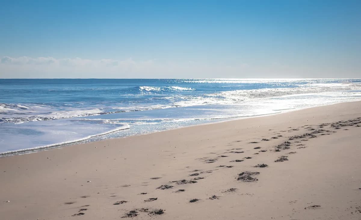 Wide view of Ocean City beach, boardwalk, and shoreline.